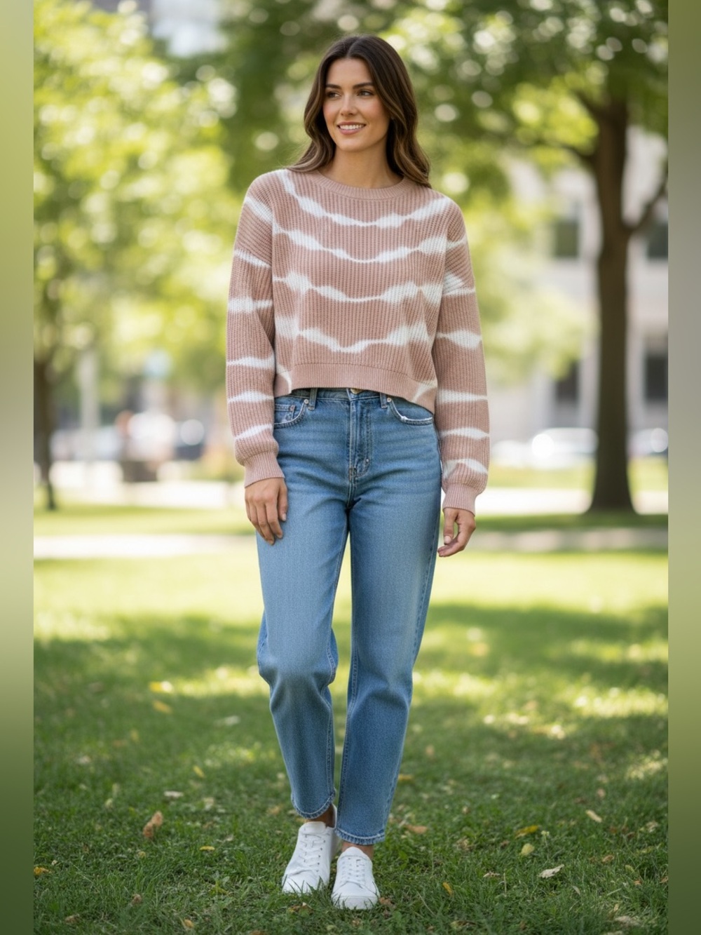 🤍 TART COLLECTIONS Ribbed Crewneck Crop Sweater in Beige and White Tie-Dye NWOT